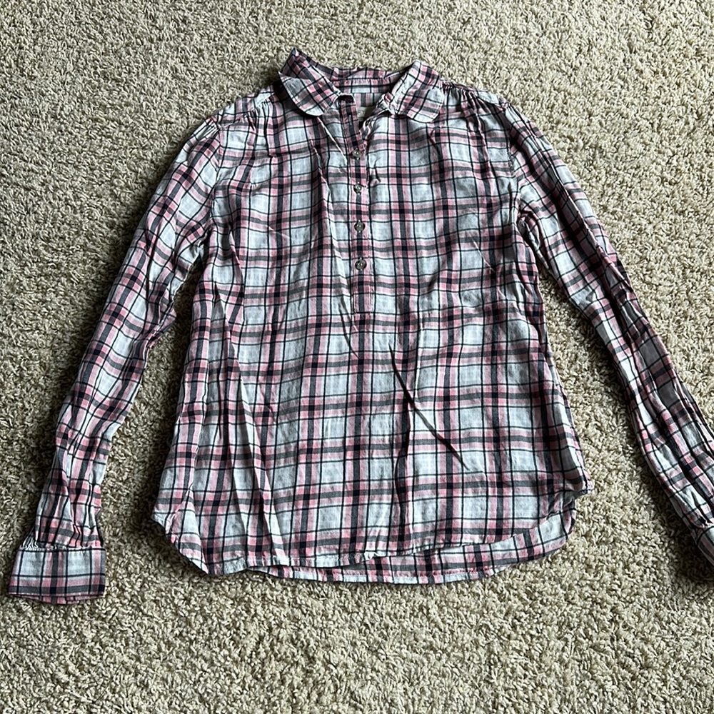 LOFT Plaid Blouse Navy/Pink Size Small